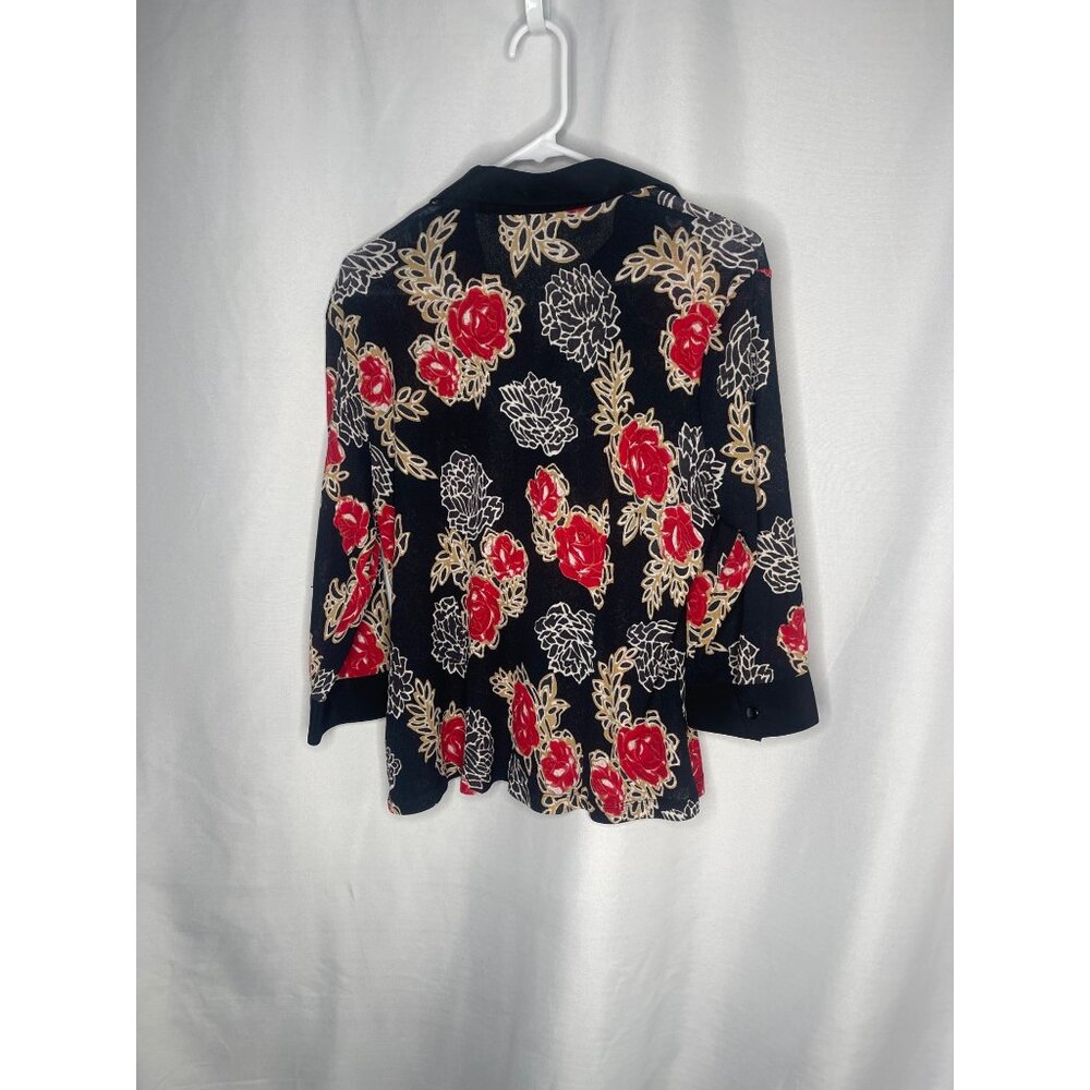 Elegant Kathy Che Womens Black Blouse With Red & Beige Floral Design Size 12 - Picture 2 of 4
